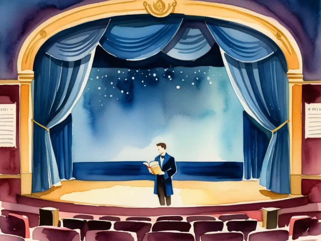 Una pintura acuarela que muestra un escenario de teatro iluminado, con cortinas de terciopelo azul y una figura solitaria bajo el foco