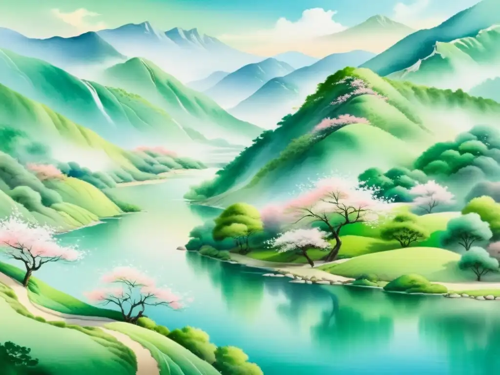 Pintura acuarela etérea de un paisaje coreano tranquilo con río sereno, montañas verdes y delicados árboles de cerezo en flor