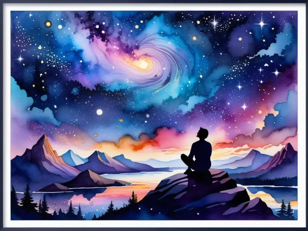 Una pintura acuarela etérea y serena de un poeta solitario contemplando la integración de la filosofía cósmica y la poesía en el vasto cielo nocturno, lleno de galaxias, estrellas y nebulosas