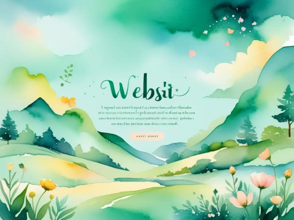 Interfaz web poética transformada en paisaje etéreo Una pintura acuarela etérea y tranquila de un paisaje poético que fusiona un sitio web en un paisaje natural, con flores en flor y tipografía fluida