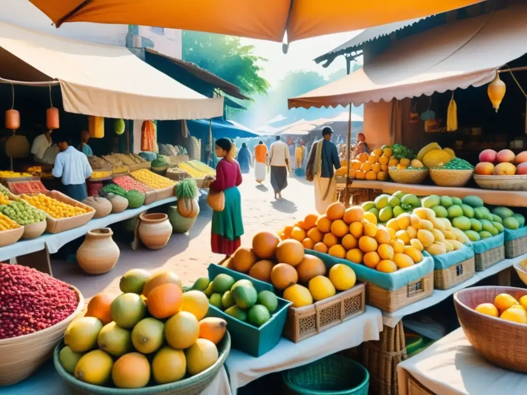 Una pintura acuarela etérea de un vibrante mercado exótico, lleno de textiles, cerámica decorada y frutas exóticas
