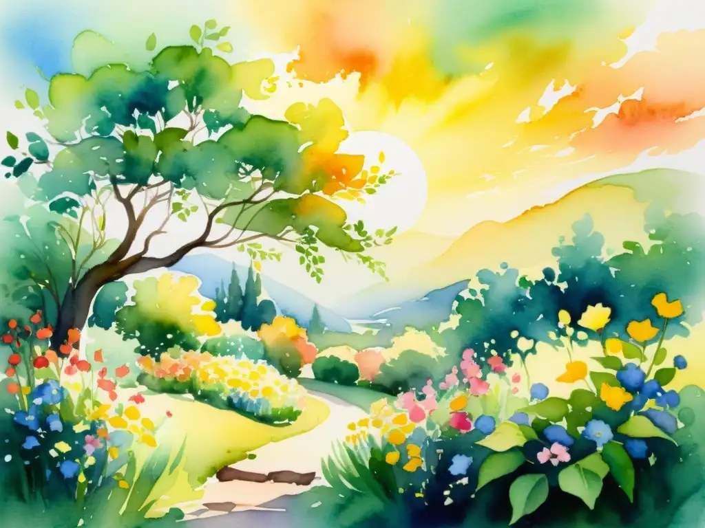 Una pintura acuarela etérea de un jardín vibrante y florido, con vides entrelazadas y flores delicadas