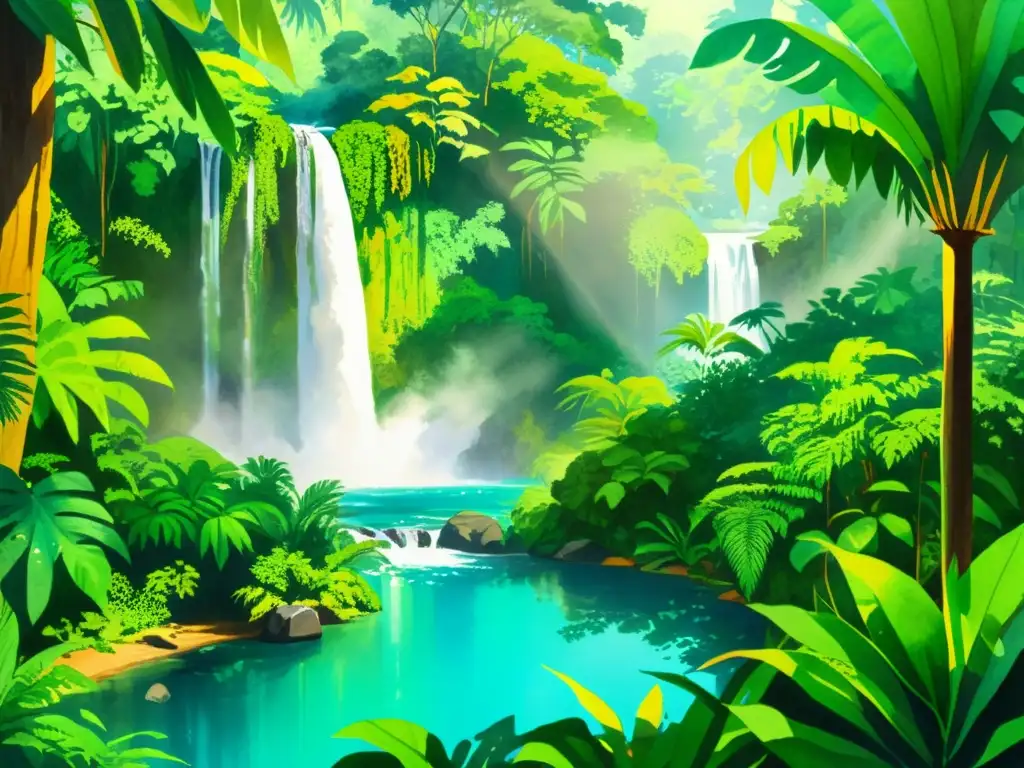 Una pintura acuarela de un exuberante bosque tropical en América Latina, con aves exóticas, una cascada y luz filtrada