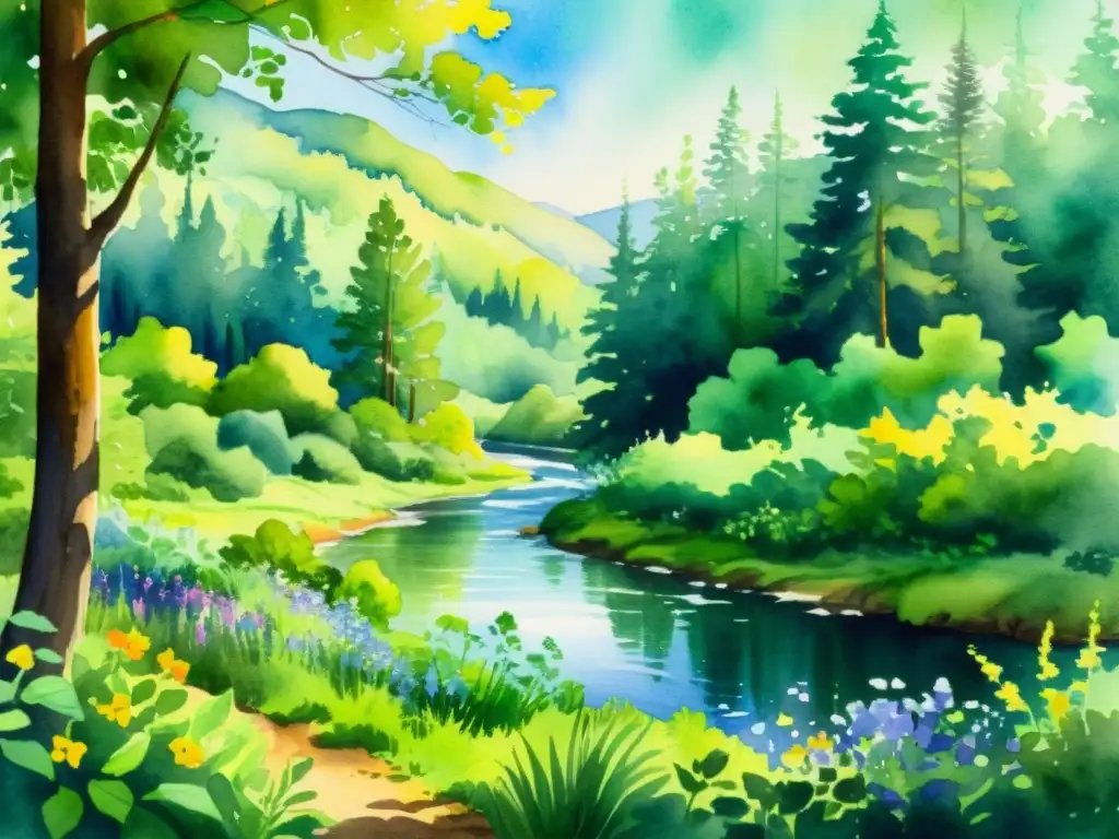 Una pintura acuarela de un exuberante bosque verde con flores silvestres vibrantes en primer plano y un río sereno serpenteando