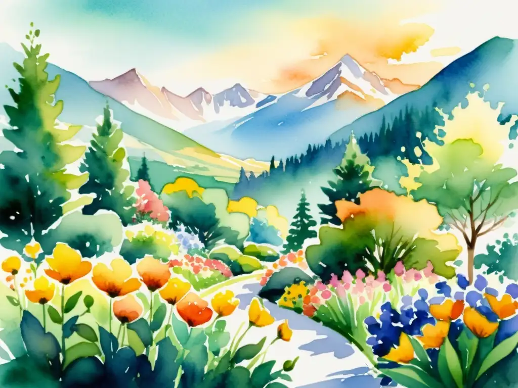 Una pintura de acuarela que muestra un exuberante jardín con flores vibrantes y un cálido sol