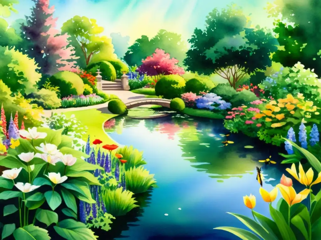 Una pintura acuarela de un exuberante jardín floreciente con coloridas flores y libélulas sobre un tranquilo estanque