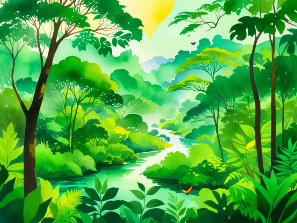 Una pintura acuarela de una exuberante selva con un río cristalino que refleja la poesía indígena en ferias del libro