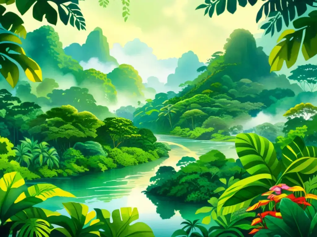 Una pintura acuarela de una exuberante selva con flores vibrantes, aves exóticas y patrones intrincados, bañada por la luz dorada