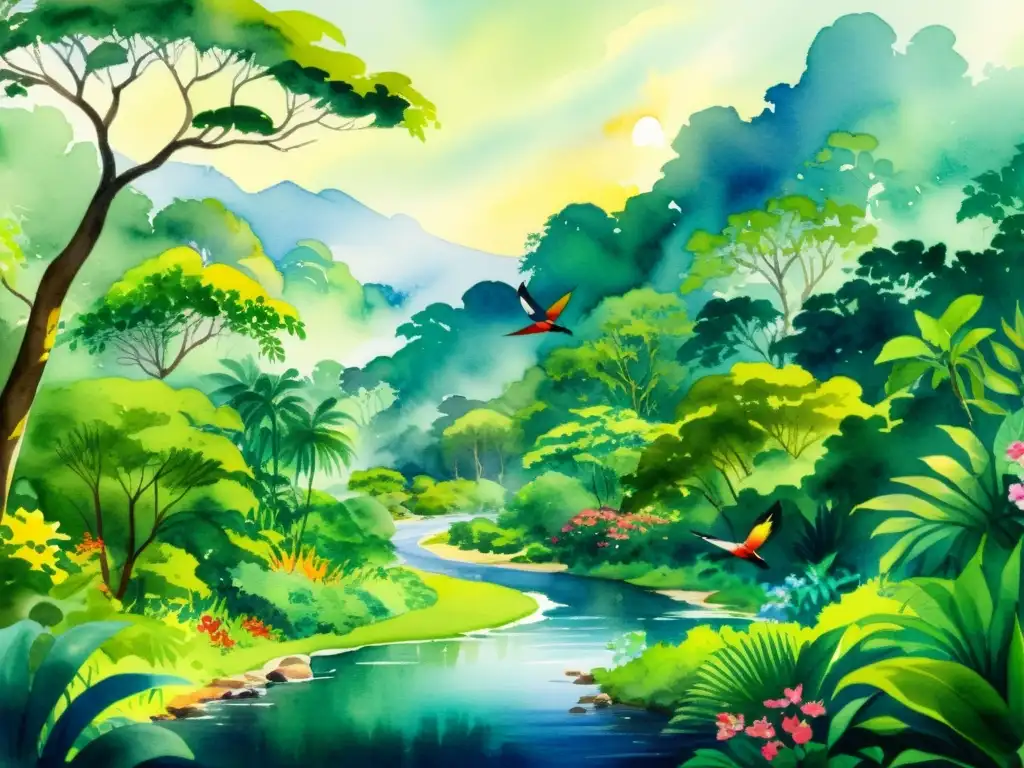 Una pintura acuarela de una exuberante selva con flora y fauna exótica