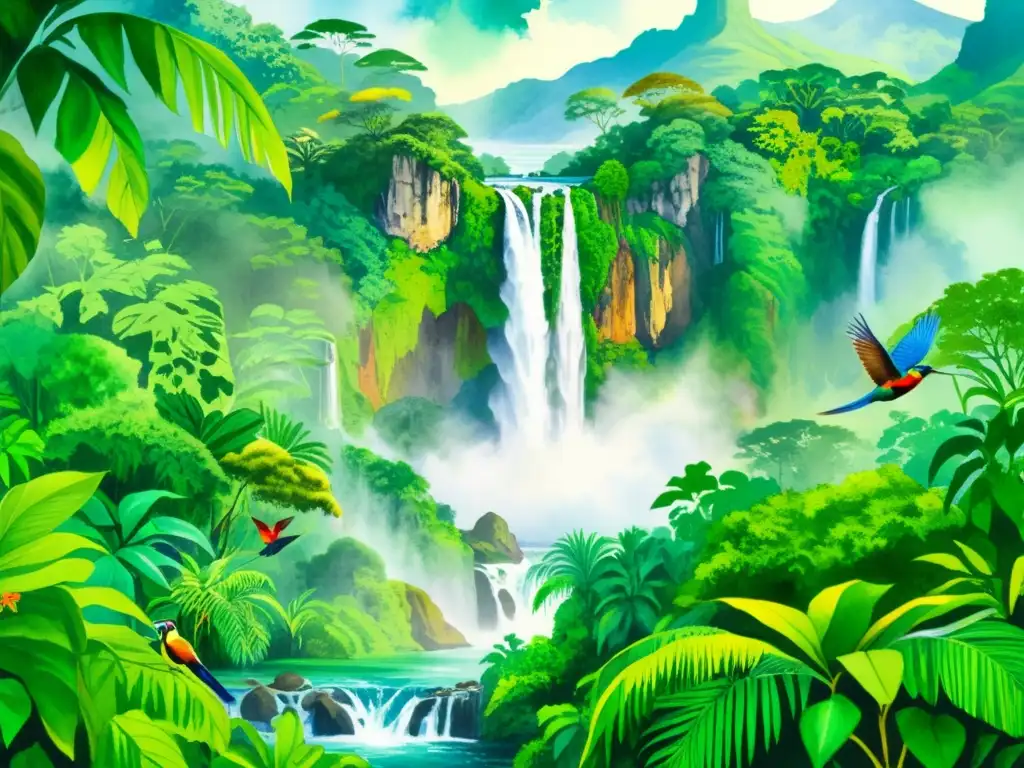 Una pintura acuarela de una exuberante selva en Sudamérica, con flora y fauna vibrante