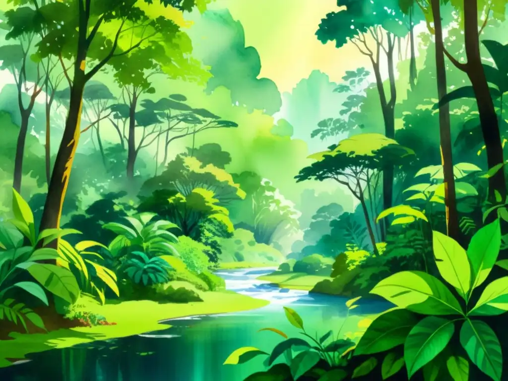 Una pintura acuarela de una exuberante selva lluviosa, con flora y fauna vibrante