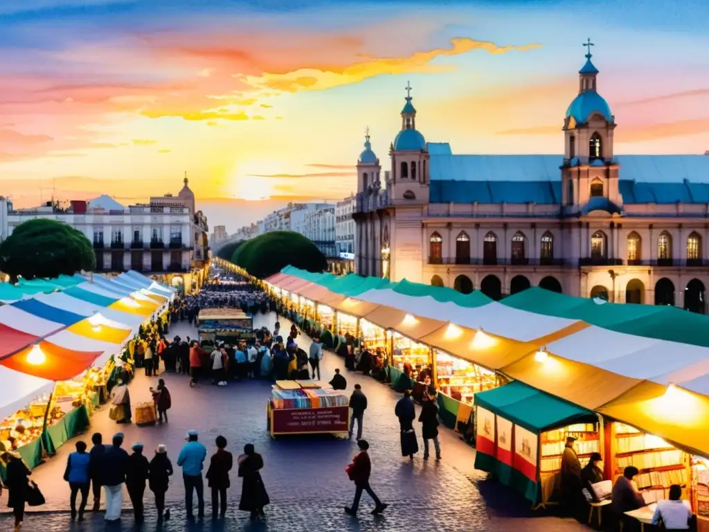 Una pintura acuarela de la Feria del Libro de Buenos Aires, con poesía ancestral y coloridos puestos de libros en calles empedradas