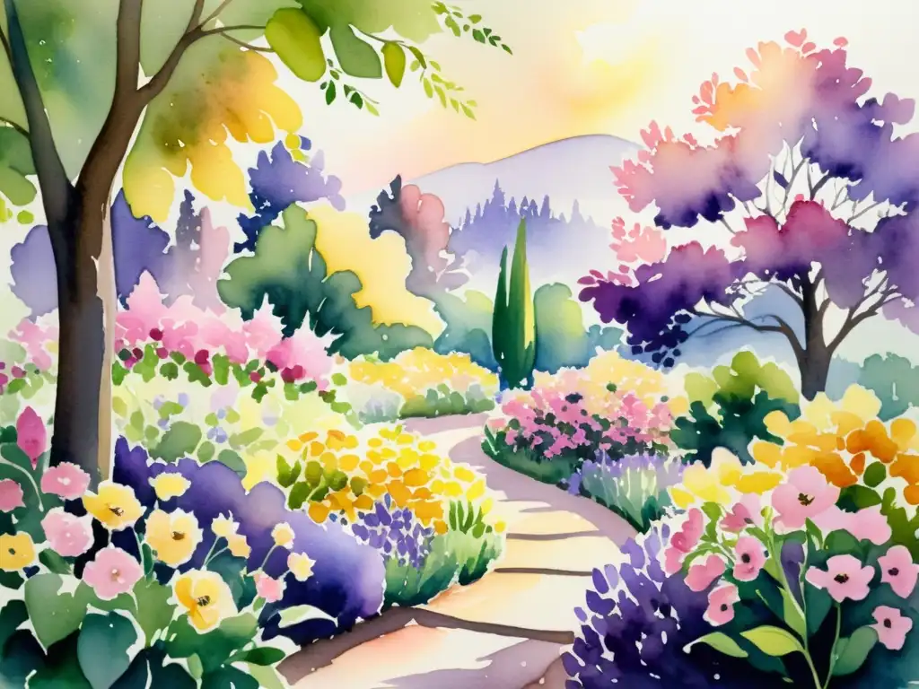 Una pintura acuarela de un jardín floreciente con vibrantes flores en tonos de rosa, morado y amarillo