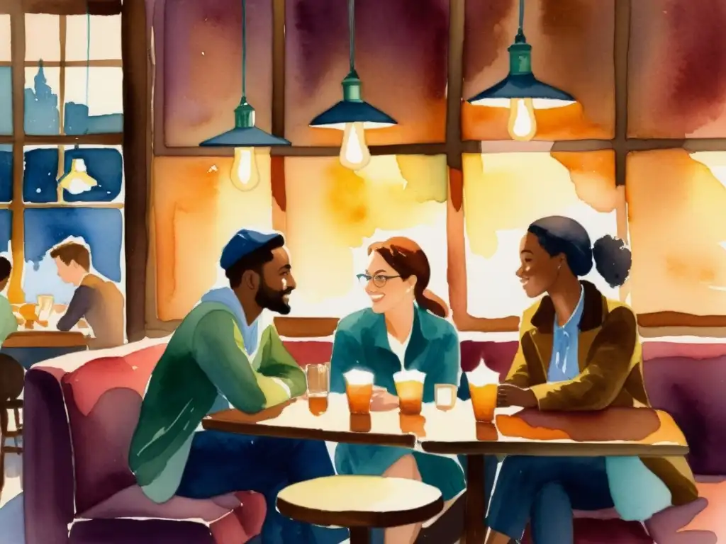 Una pintura acuarela muestra un grupo diverso en un acogedor café, disfrutando teaser poético para eventos culturales en un ambiente cálido y acogedor