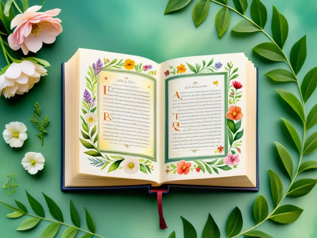 Una pintura acuarela impresionante de un antiguo libro adornado lleno de poesía delicada, rodeado de flores vibrantes y exuberante vegetación