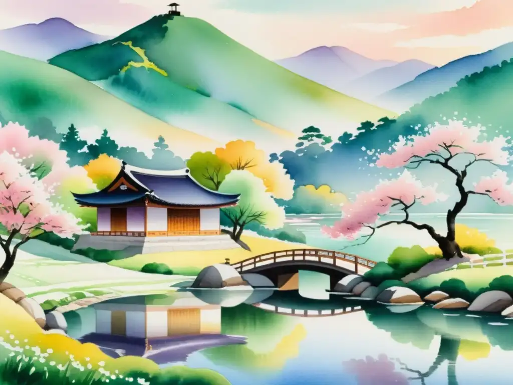 Una pintura acuarela impresionante de un apacible paisaje coreano con colinas verdes, árboles de cerezo vibrantes y una casa hanok tradicional