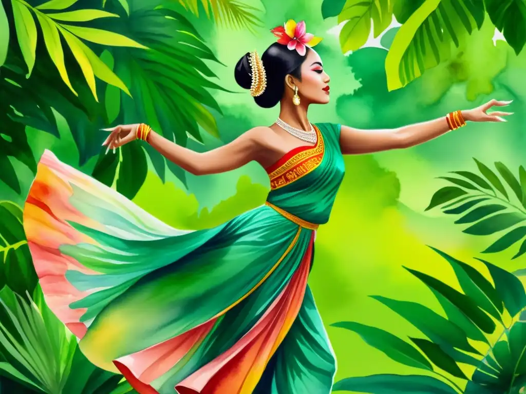 Una pintura acuarela impresionante de una bailarina tradicional de Indonesia, capturando su gracia y expresión en un escenario de poesía traducida de Indonesia