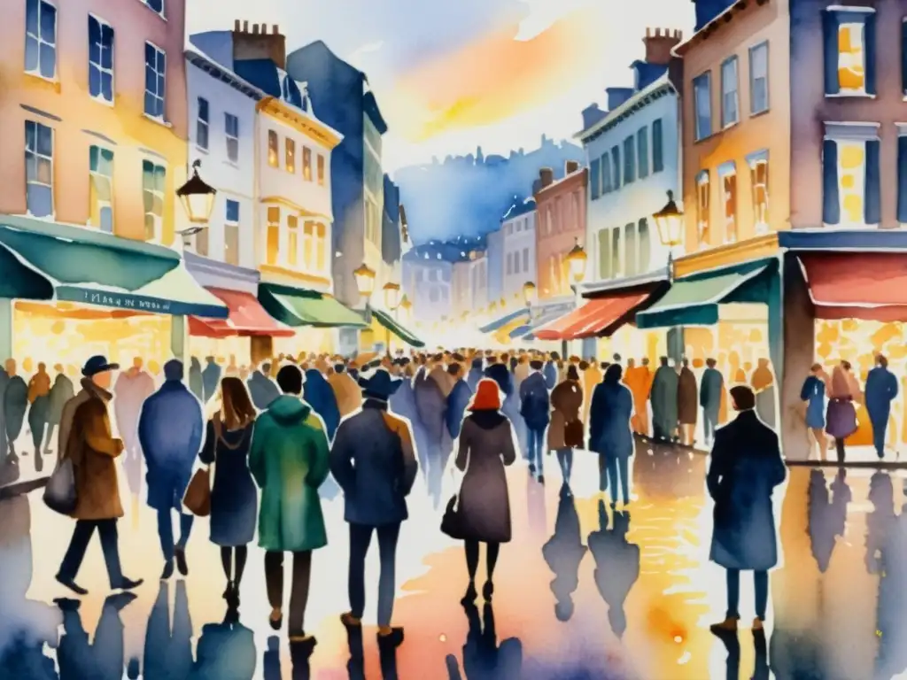 Una pintura acuarela impresionante de una bulliciosa calle de la ciudad, donde la gente se reúne alrededor de un poeta callejero, con rostros iluminados de emoción mientras escuchan sus poderosas palabras