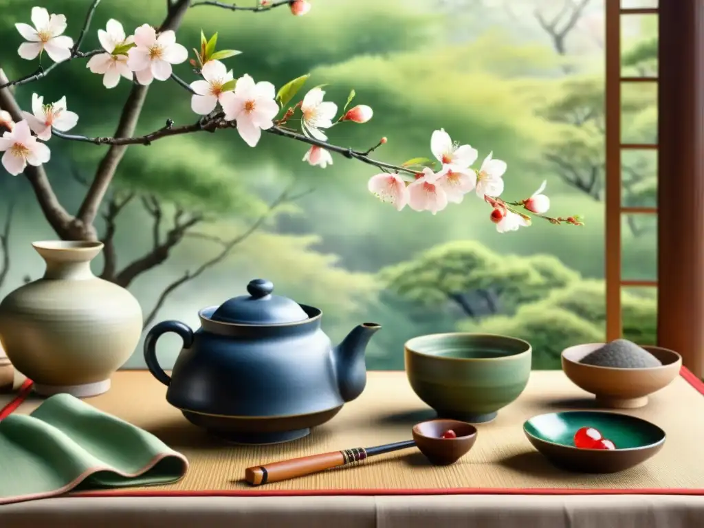 Una pintura acuarela impresionante de una ceremonia del té japonesa tradicional, con detalles intrincados, ramas delicadas de cerezos en flor y expresiones serenas