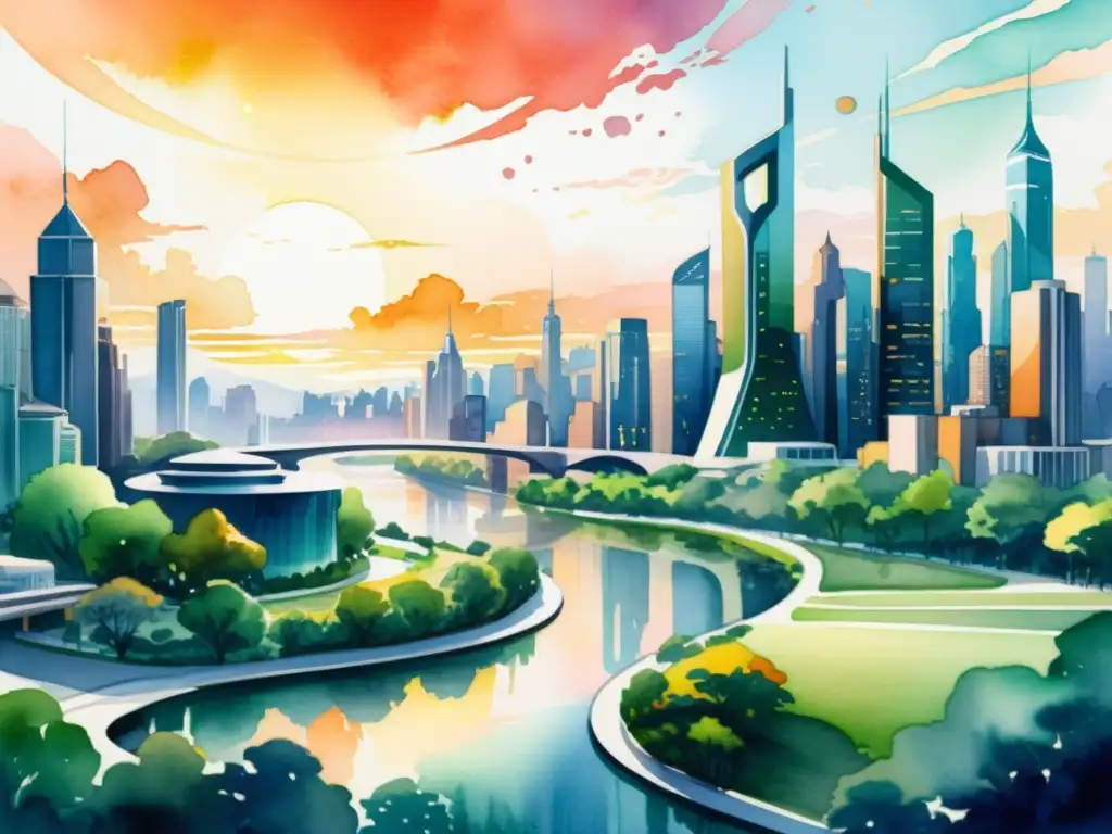 Una pintura acuarela impresionante de una ciudad futurista, con rascacielos y edificios metálicos reflejando la cálida luz del sol poniente