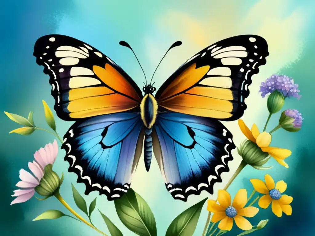 Una pintura acuarela impresionante de una delicada mariposa reposando sobre un vibrante ramillete de flores silvestres