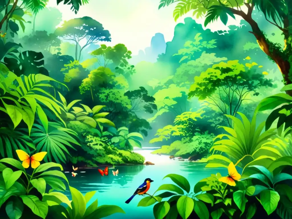 Una pintura acuarela impresionante de una escena vibrante de la selva, llena de vida