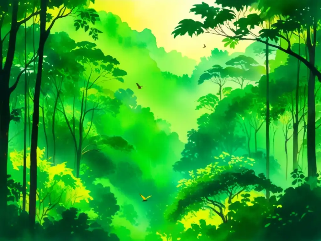 Una pintura acuarela impresionante de una exuberante selva, llena de vida