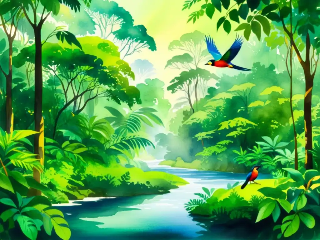 Una pintura acuarela impresionante de un exuberante y vibrante bosque tropical, reflejando la poesía de la Naturaleza Iberoamericana