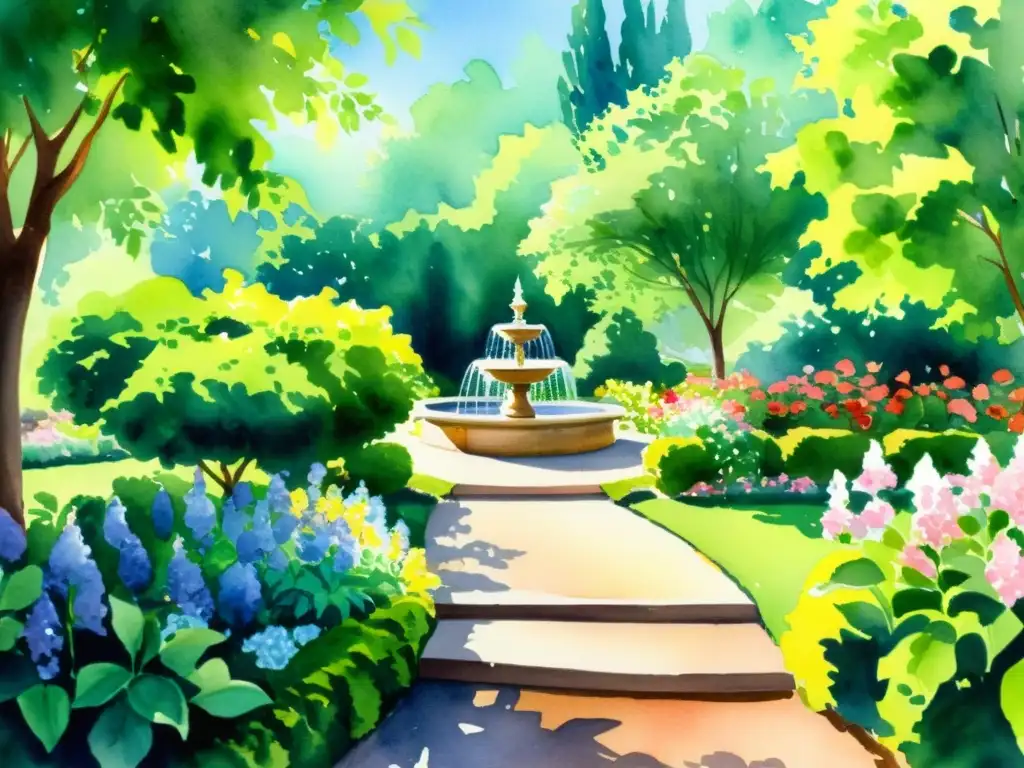 Una pintura acuarela impresionante de un exuberante jardín lleno de flores en cada tono imaginable, invitando al Renacimiento de la Décima y el Soneto