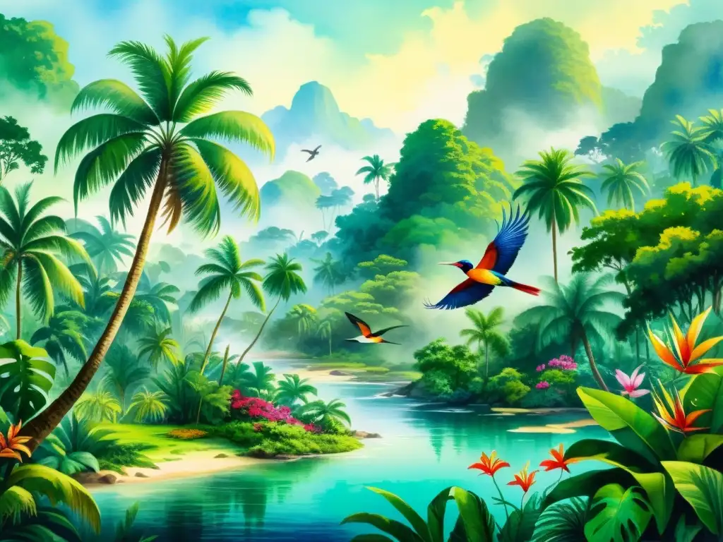 Una pintura acuarela impresionante de una exuberante selva, con palmeras, flores tropicales y aves