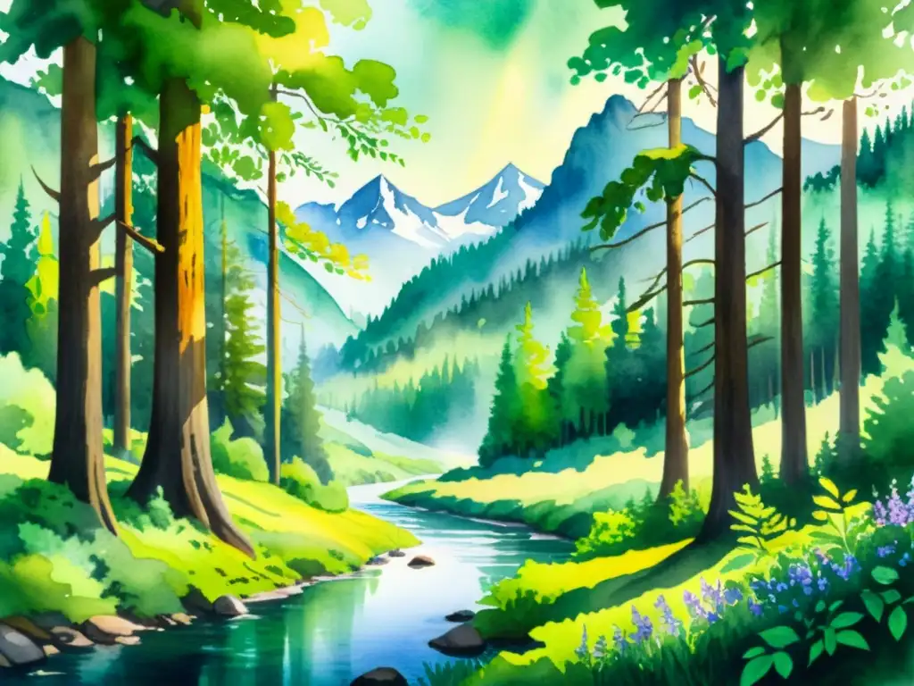 Una pintura de acuarela impresionante de un exuberante bosque, con río sereno y montañas neblinosas