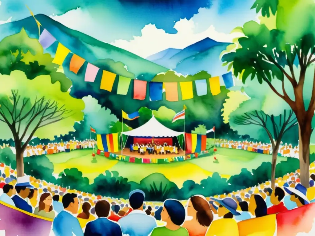 Una pintura de acuarela impresionante del Festival de Poesía de Medellín, con vibrantes colores y una atmósfera mágica que captura la esencia de los festivales de poesía internacionales