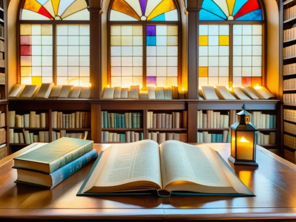 Una pintura acuarela impresionante de una gran biblioteca llena de libros antiguos, bañada en cálida luz dorada a través de ventanas de vidrieras