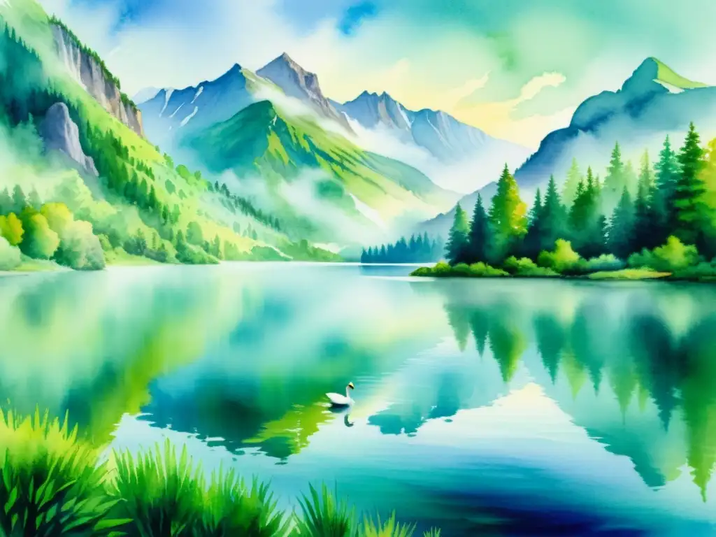 Una pintura acuarela impresionante de un lago sereno rodeado de montañas exuberantes, reflejando un paisaje de tranquilidad y belleza poética