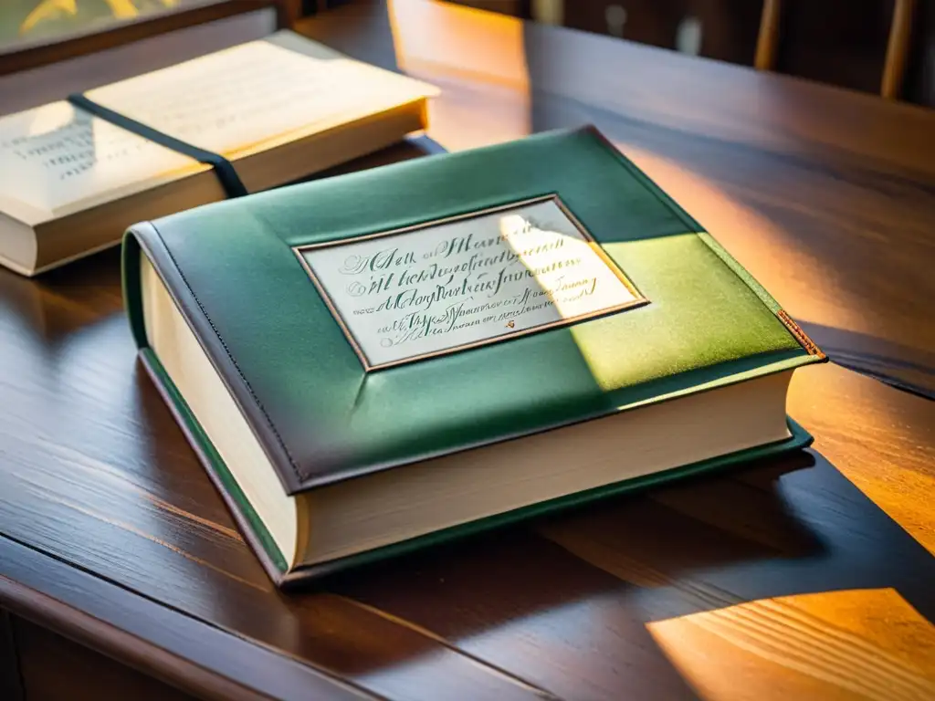 Una pintura acuarela impresionante de un libro antiguo con autógrafo poético en una mesa de madera pulida, evocando historia y nostalgia