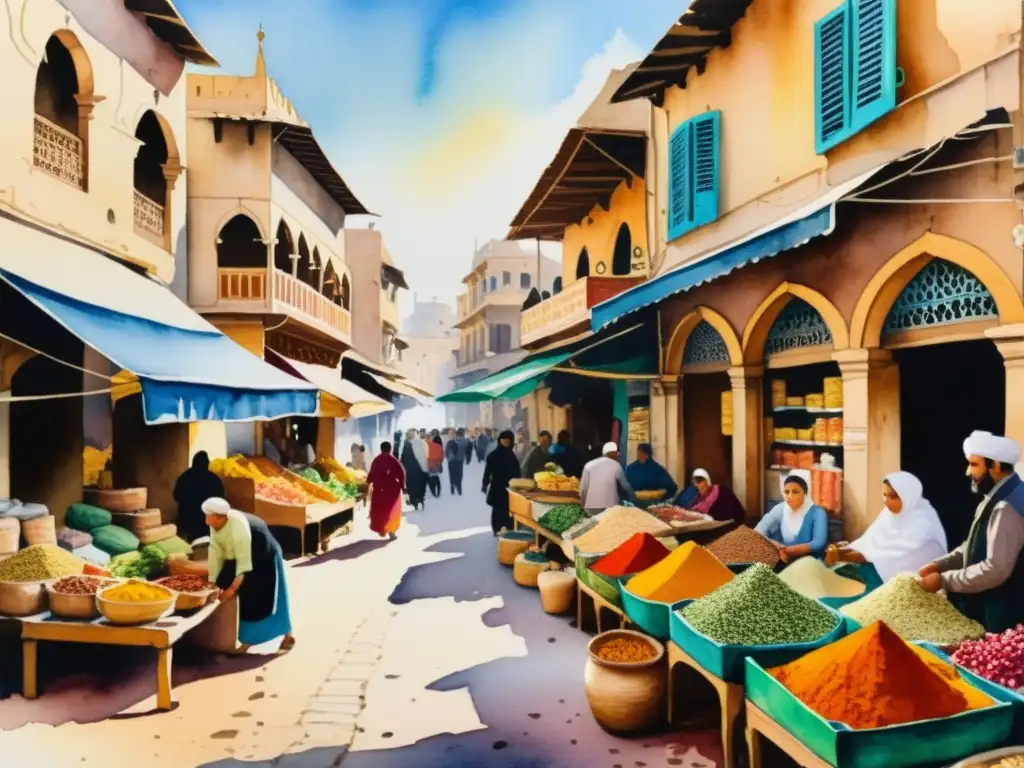 Una pintura acuarela impresionante de un mercado sirio, con colores vibrantes de especias y textiles, capturando la vida y sensualidad de Siria por Nizar Qabbani