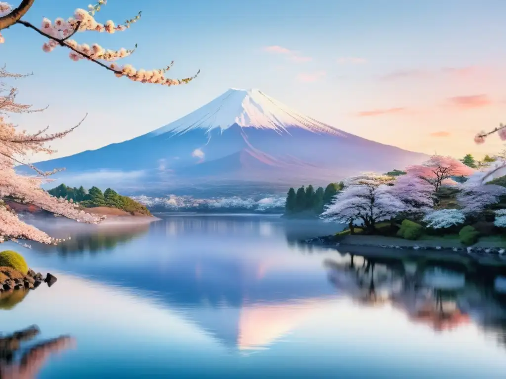 Una pintura acuarela impresionante de Monte Fuji al amanecer, con cerezos en plena floración y un grácil grulla en vuelo