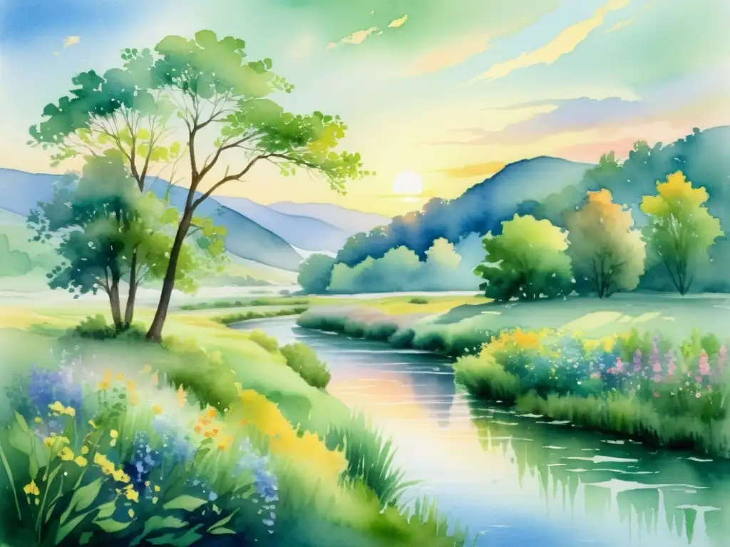 Una pintura acuarela impresionante de un paisaje sereno y onírico con un río serpenteante reflejando los tonos suaves del cielo al atardecer