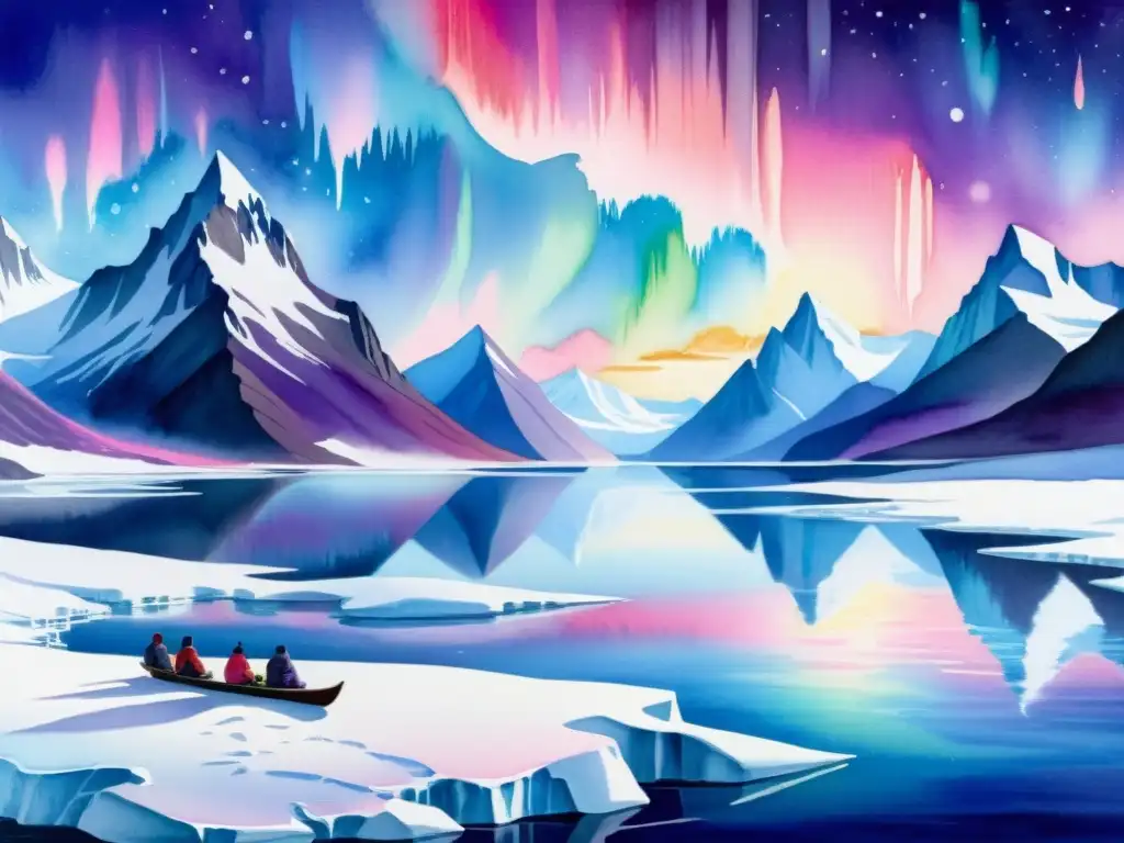 Una pintura acuarela impresionante del paisaje ártico con montañas nevadas, lago helado, auroras boreales y poesía indígena del Ártico