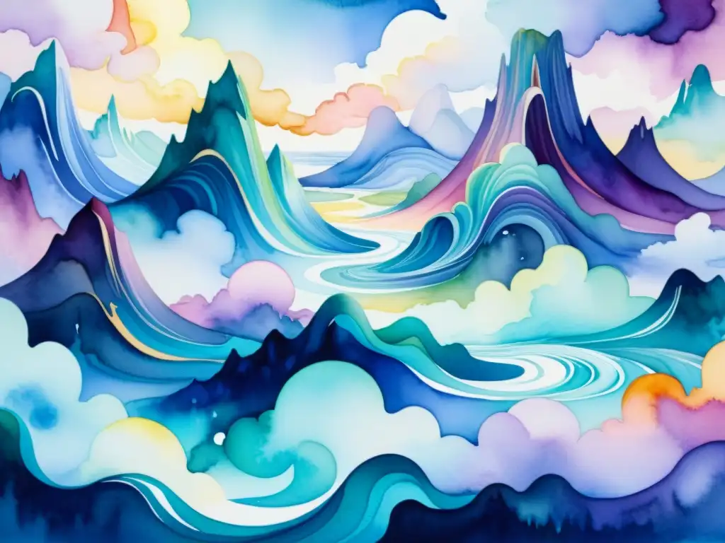 Pintura acuarela: paisaje abstracto y onírico Una pintura acuarela impresionante de un paisaje abstracto y onírico, con colores vibrantes que se mezclan para crear fluidez y movimiento