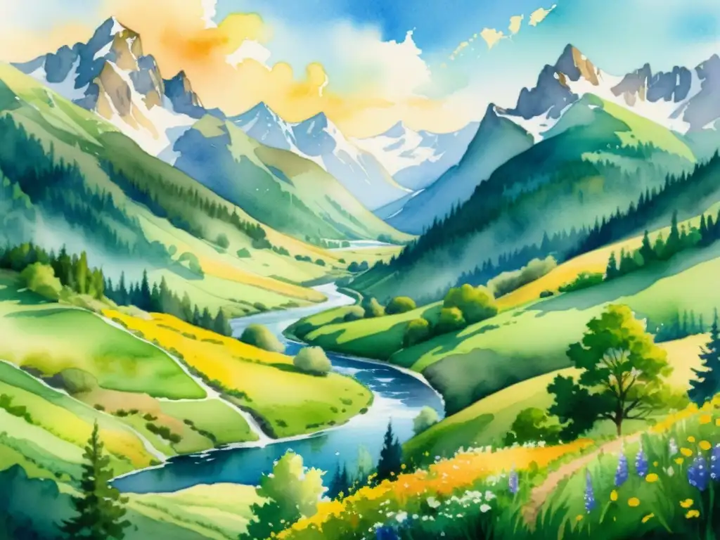 Una pintura acuarela impresionante de un paisaje exuberante y vibrante, con colinas ondulantes, flores silvestres y un río cristalino