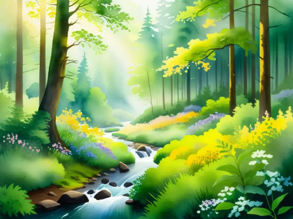 Una pintura acuarela impresionante de un sereno bosque neblinoso con follaje verde vibrante y flores silvestres