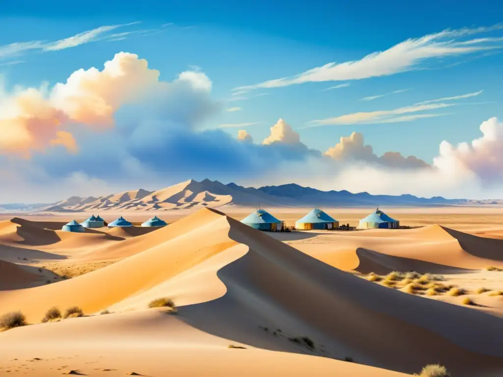 Una pintura acuarela impresionante de un vasto paisaje dorado en el desierto con yurtas nómadas entre dunas de arena