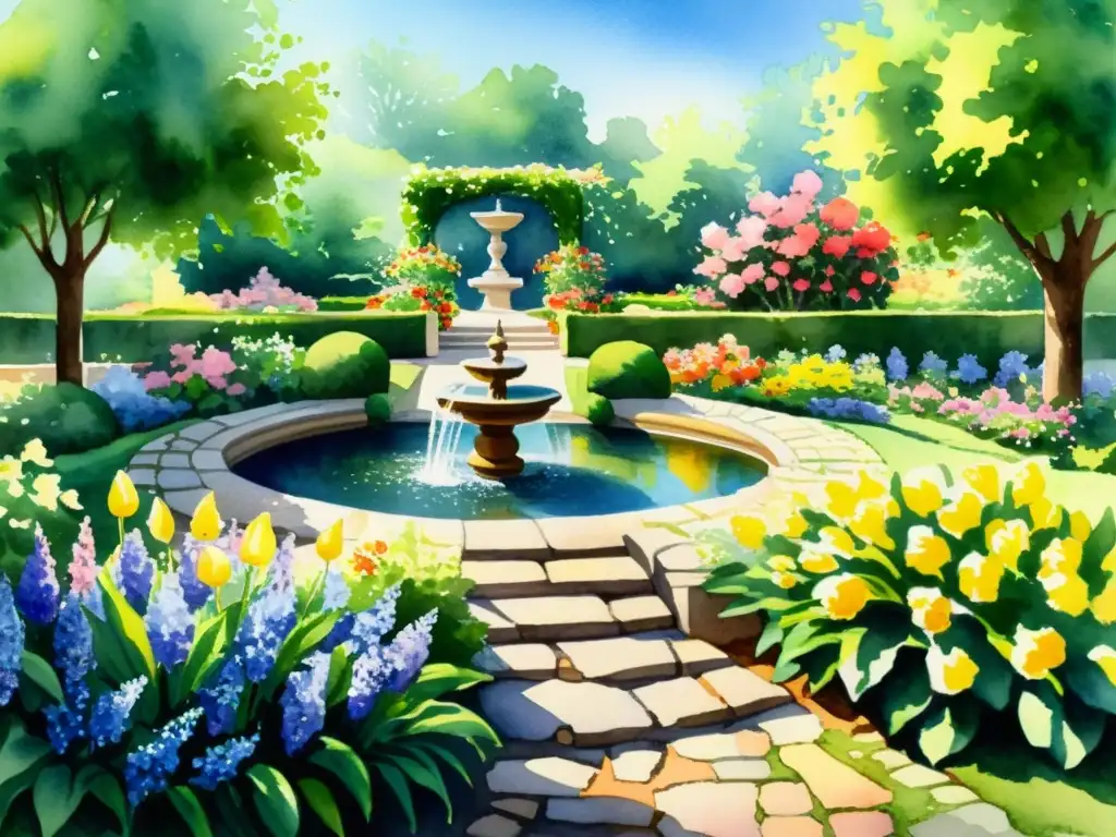 Una pintura acuarela impresionante de un jardín vibrante con flores coloridas que exudan una esencia fragante y vívida