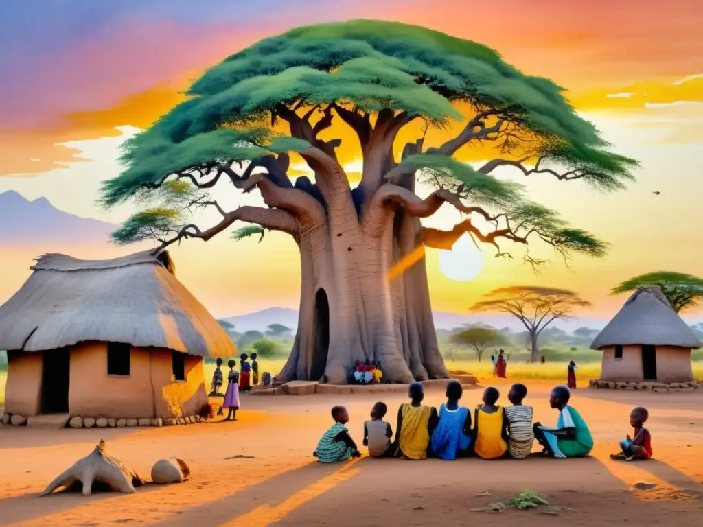 Una pintura acuarela impresionante de un vibrante pueblo africano al atardecer, donde los niños escuchan poesía bajo un baobab