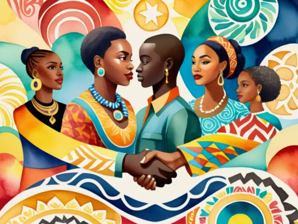 Una pintura en acuarela de individuos de herencia africana unidos, rodeados de patrones vibrantes que representan sus raíces culturales