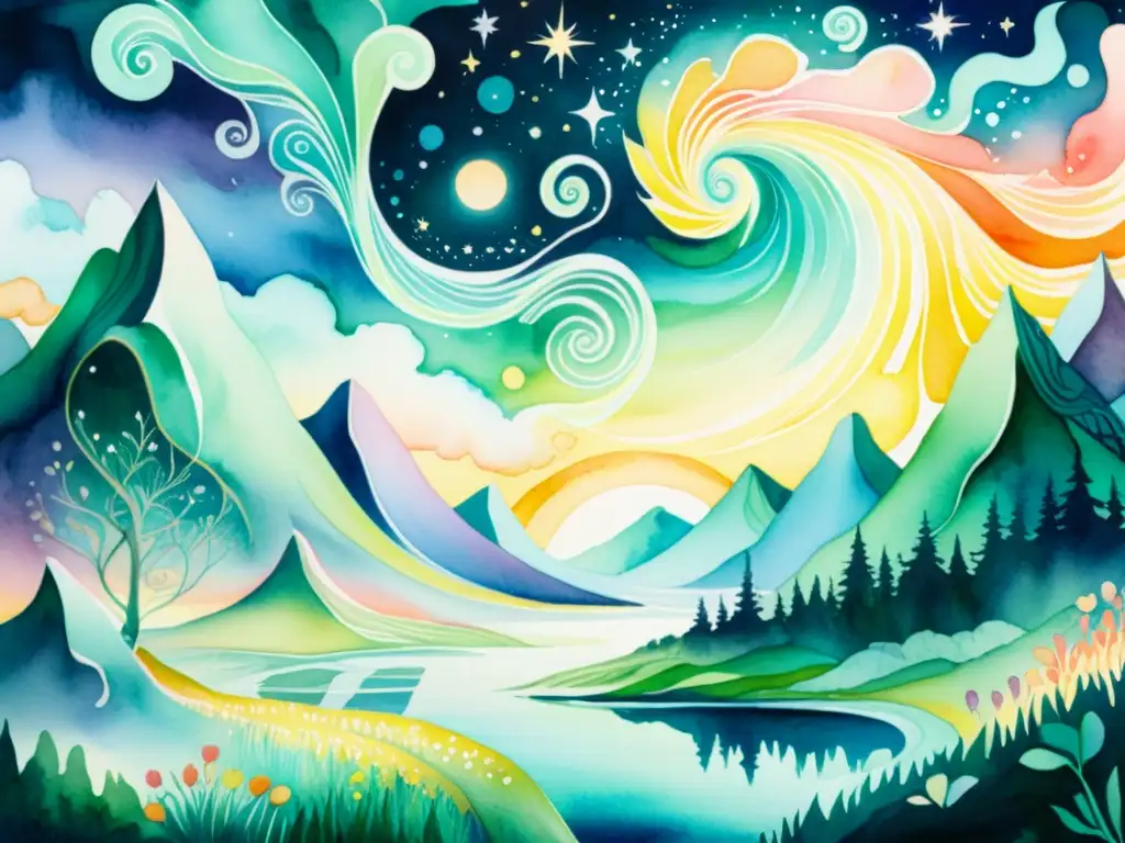 Acuarela etérea: paisaje mágico y vibrante Una pintura acuarela intrincada de un paisaje etéreo y onírico con colores vibrantes y remolinos, criaturas fantásticas y elementos de la naturaleza