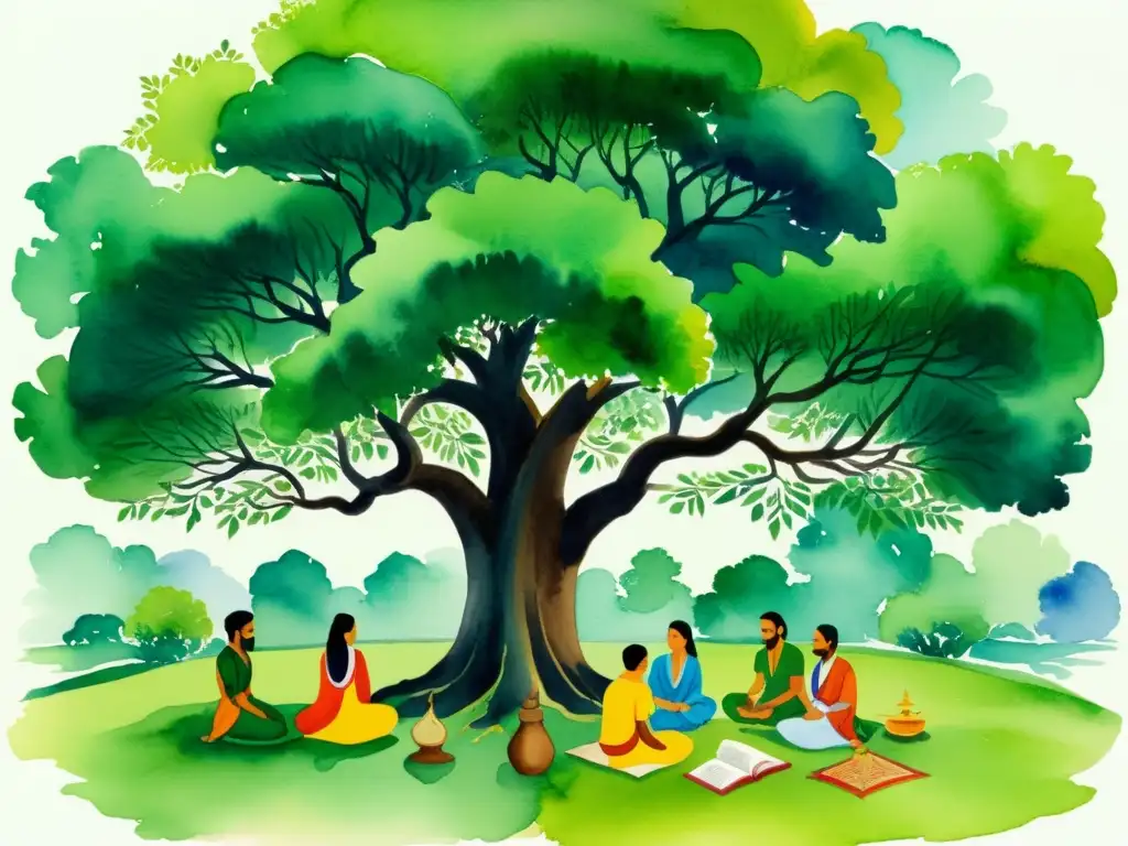 Una pintura acuarela intrincada de poetas sánscritos bajo un banyan, creando arte narrativa en un paisaje sereno y exuberante de la India antigua