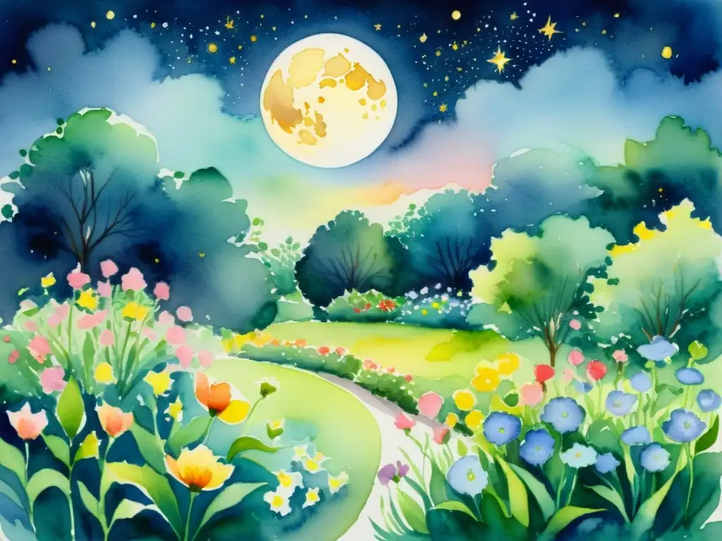 Una pintura acuarela de un jardín iluminado por la luna con flores vibrantes, evocando la belleza serena de la naturaleza