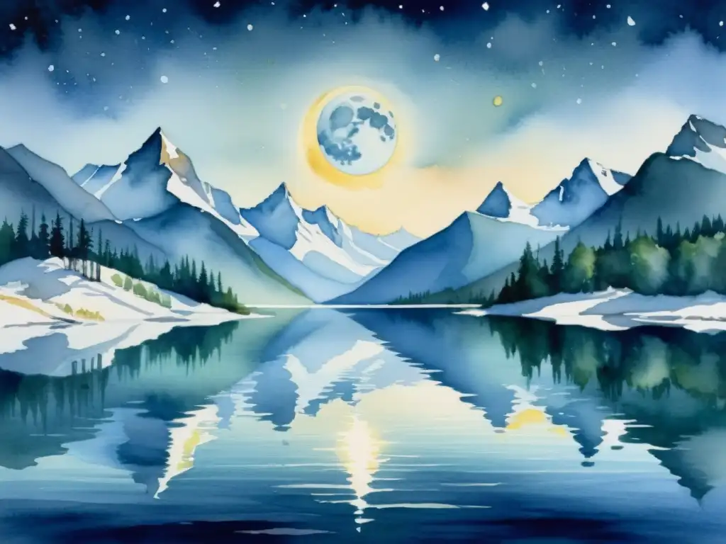 Una pintura acuarela de un lago sereno iluminado por la luna, rodeado de imponentes montañas nevadas